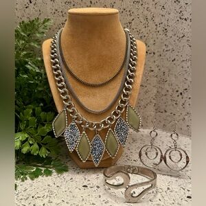 Light moss green charm necklace and silver jewelry set